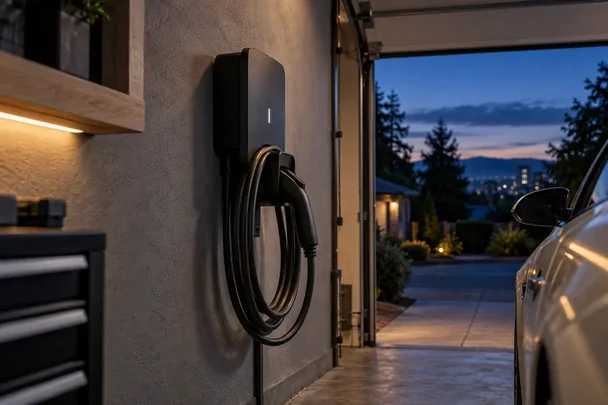 Wall-mounted EV charger and coiled cable in a home garage