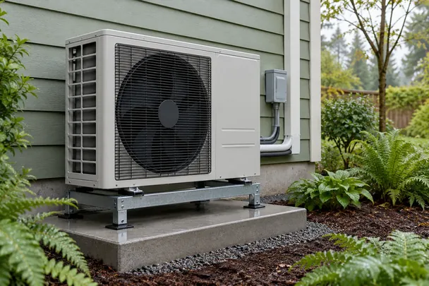 Outdoor side-discharge heat pump beside a green house