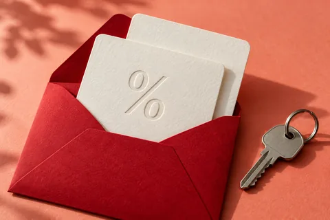 Paper discount vouchers and a house key beside a red envelope