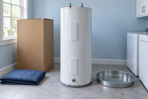 New electric water heater and drain pan ready for installation