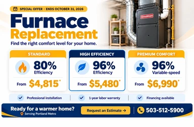 Furnace Replacement. Special offer ends October 31, 2026. Standard: 80% efficiency, from $4,815. High Efficiency: 96% efficiency, from $5,480. Premium Comfort: 96% variable-speed, from $6,990.