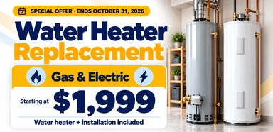 Gas and electric water heater replacement starting at $1,999. Water heater and installation included. Offer ends October 31, 2026.