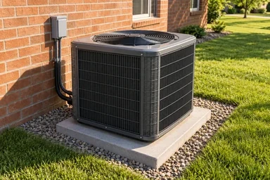 Central air conditioning condenser beside a brick house