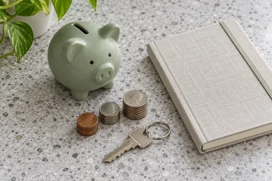 Piggy bank, coins and a house key for home improvement budgeting