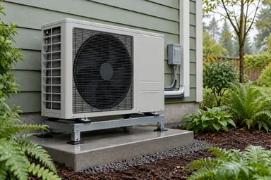 Outdoor side-discharge heat pump beside a green house