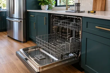 Open dishwasher with a removed filter prepared for servicing