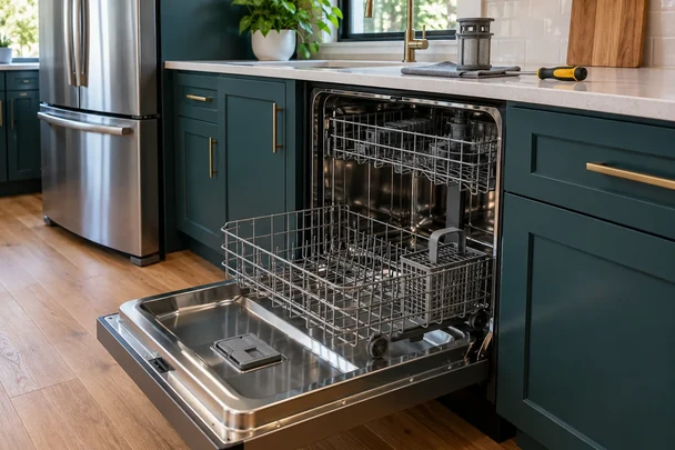 Open dishwasher with a removed filter prepared for servicing