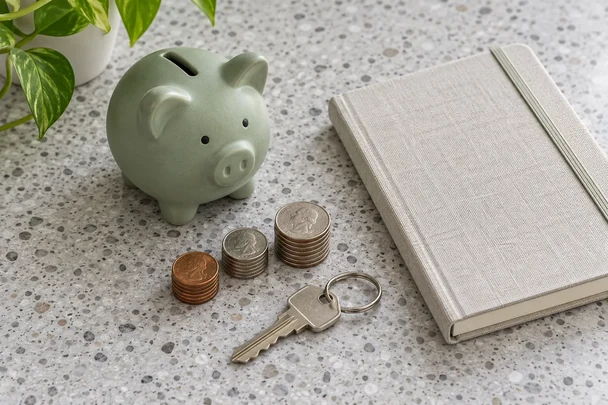 Piggy bank, coins and a house key for home improvement budgeting