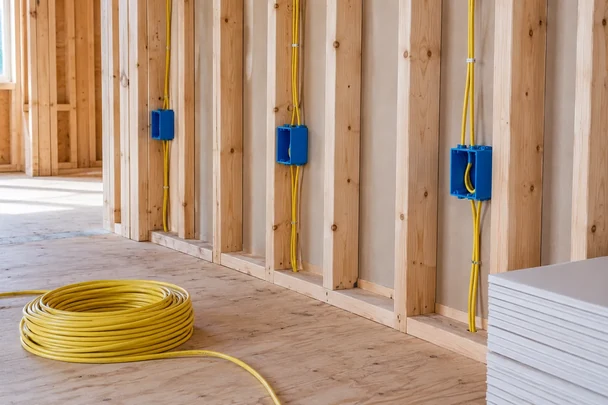 Electrical cable and outlet boxes in an unfinished stud wall