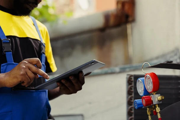 HVAC technician holding a tablet beside refrigerant pressure gauges.