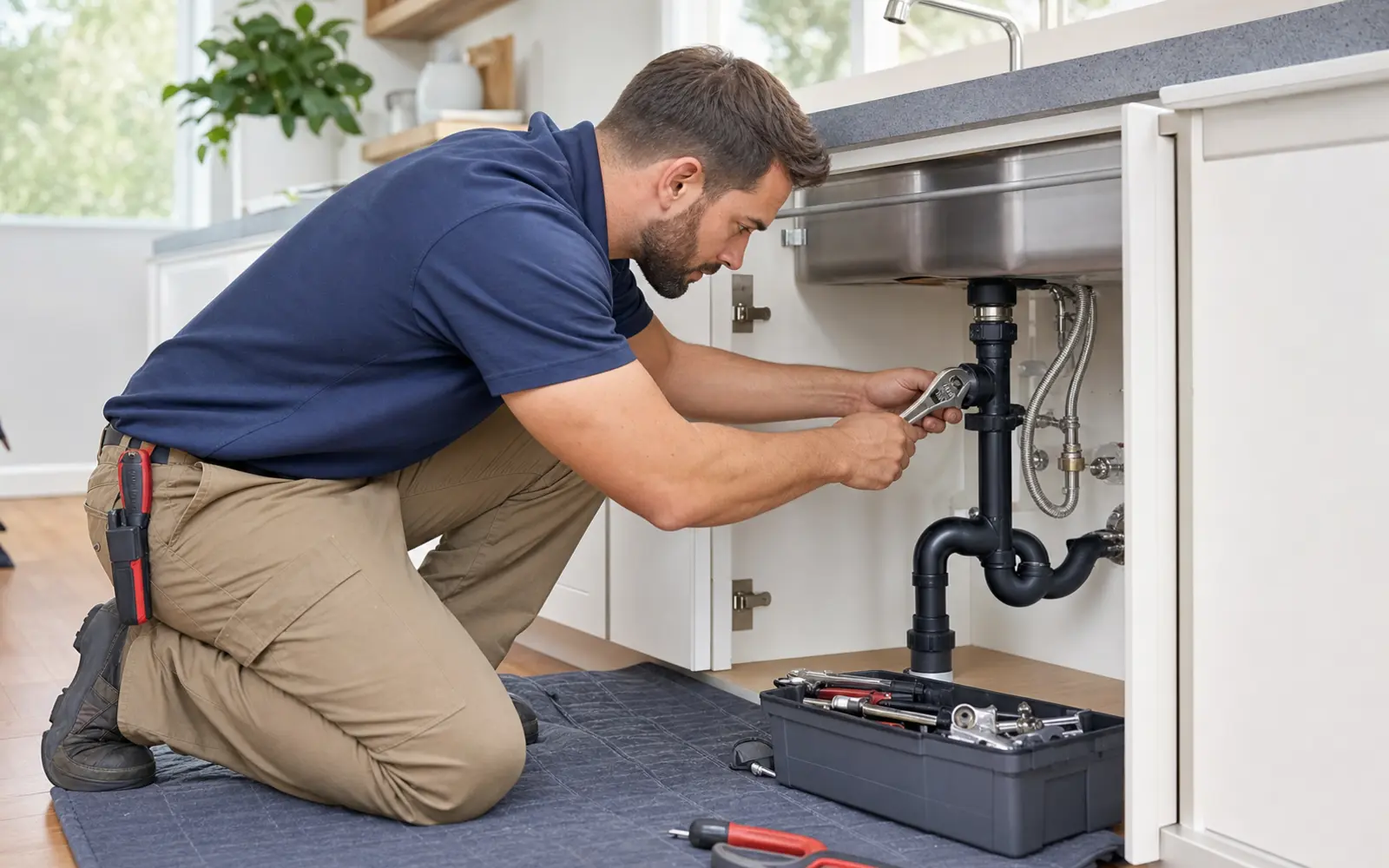 Plumbing technician repairing pipes under a sink in Portland Metro