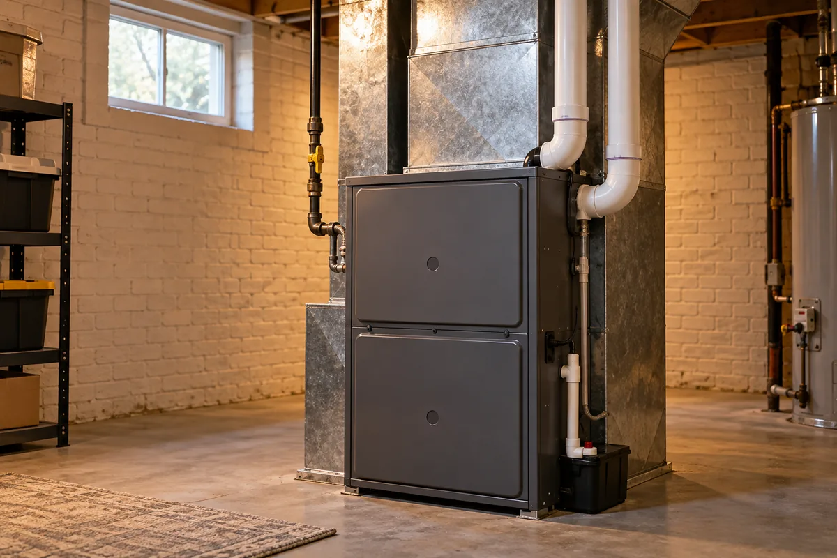 Closed furnace with ductwork in a brick basement utility room