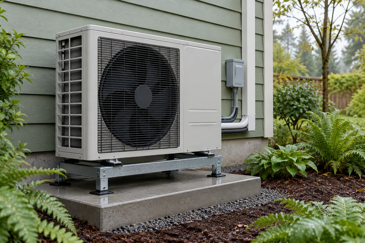 Outdoor side-discharge heat pump beside a green house