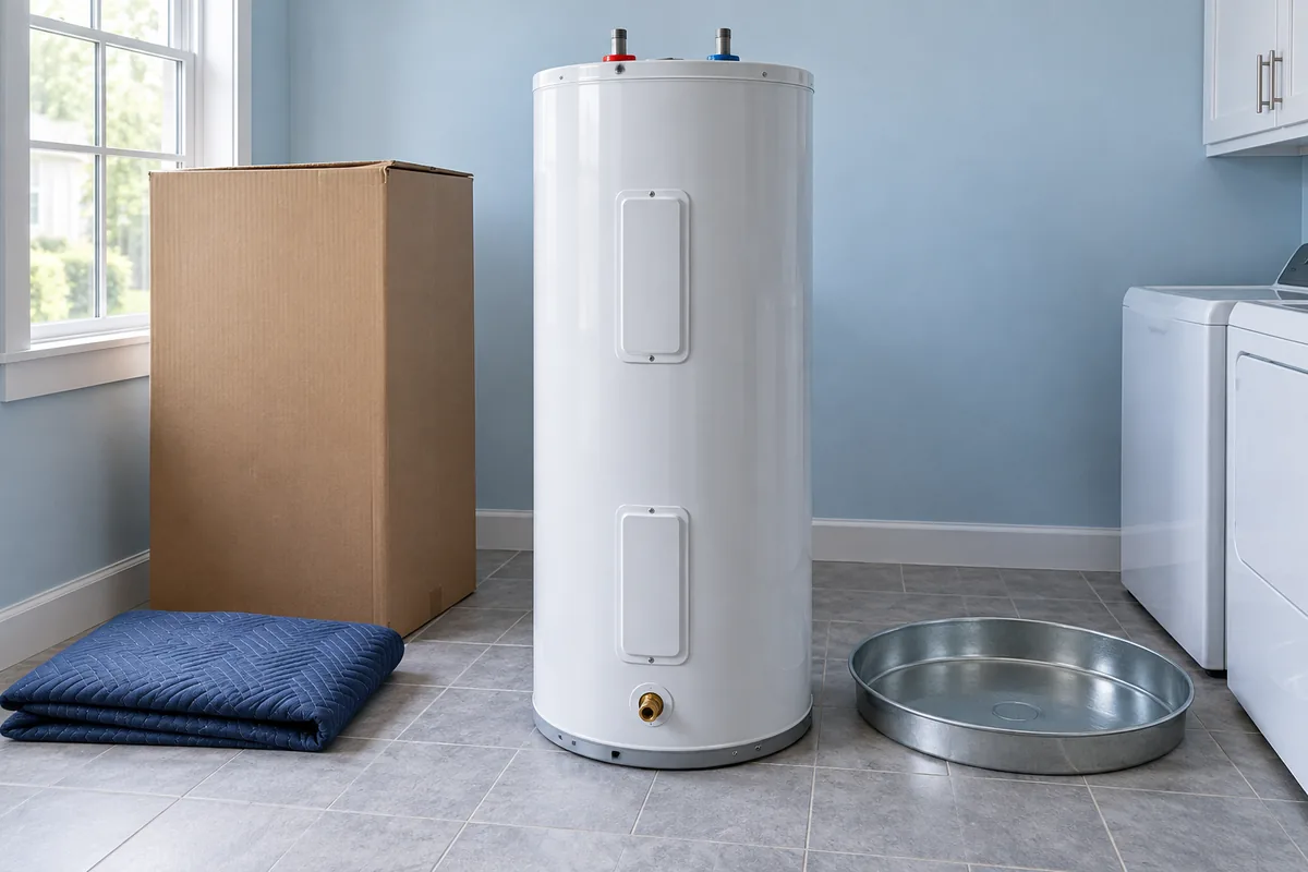 New electric water heater and drain pan ready for installation