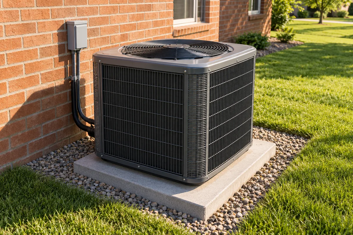 Central air conditioning condenser beside a brick house