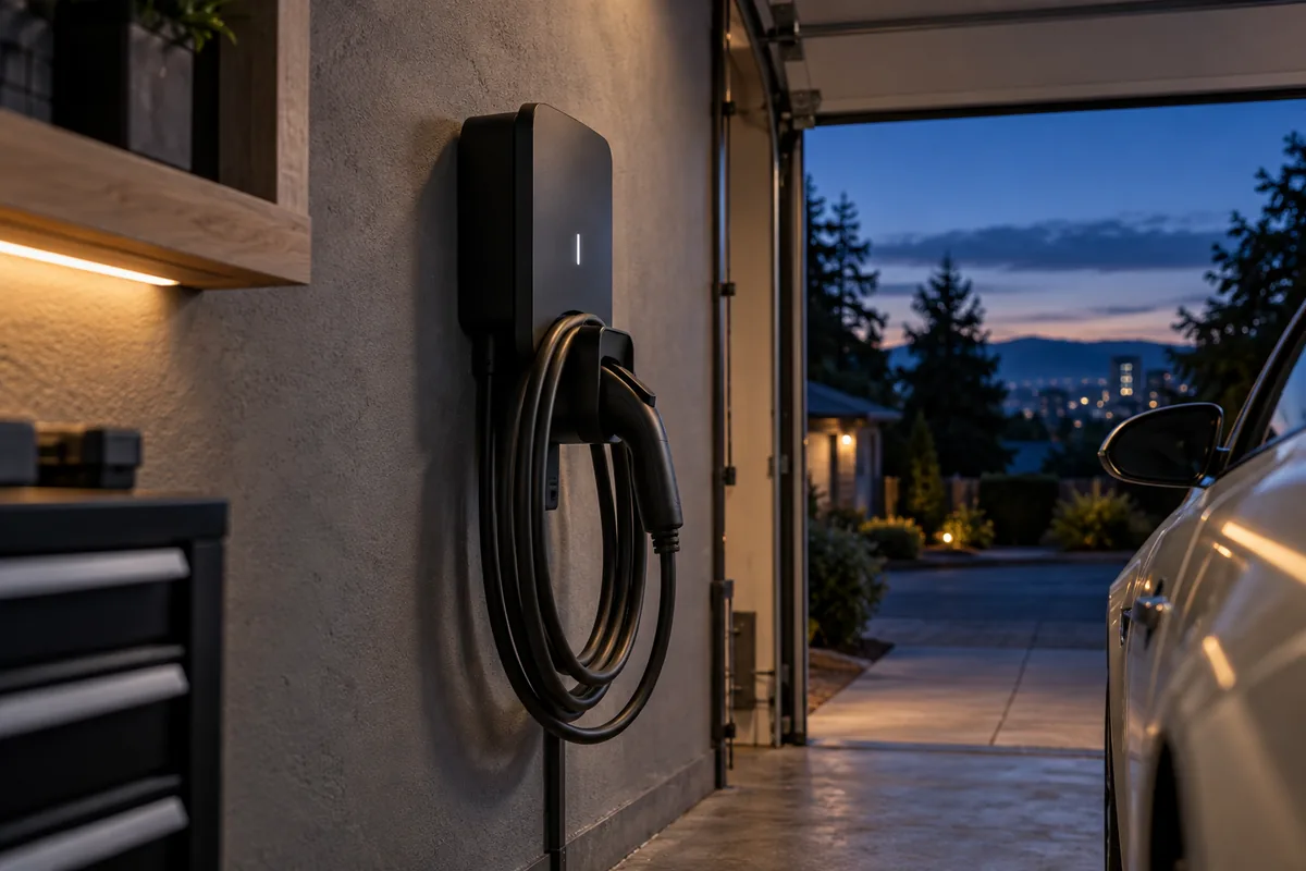 Wall-mounted EV charger and coiled cable in a home garage