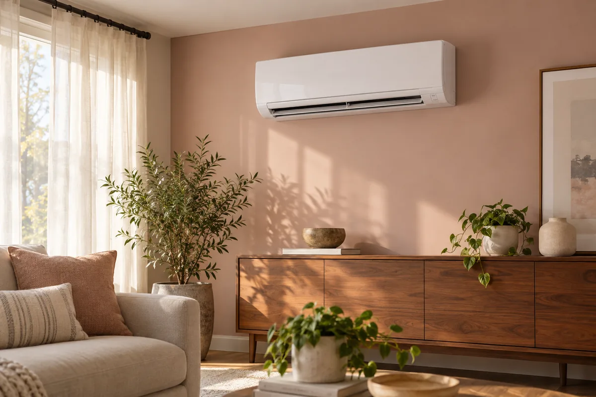 Ductless mini-split indoor unit in a sunlit living room
