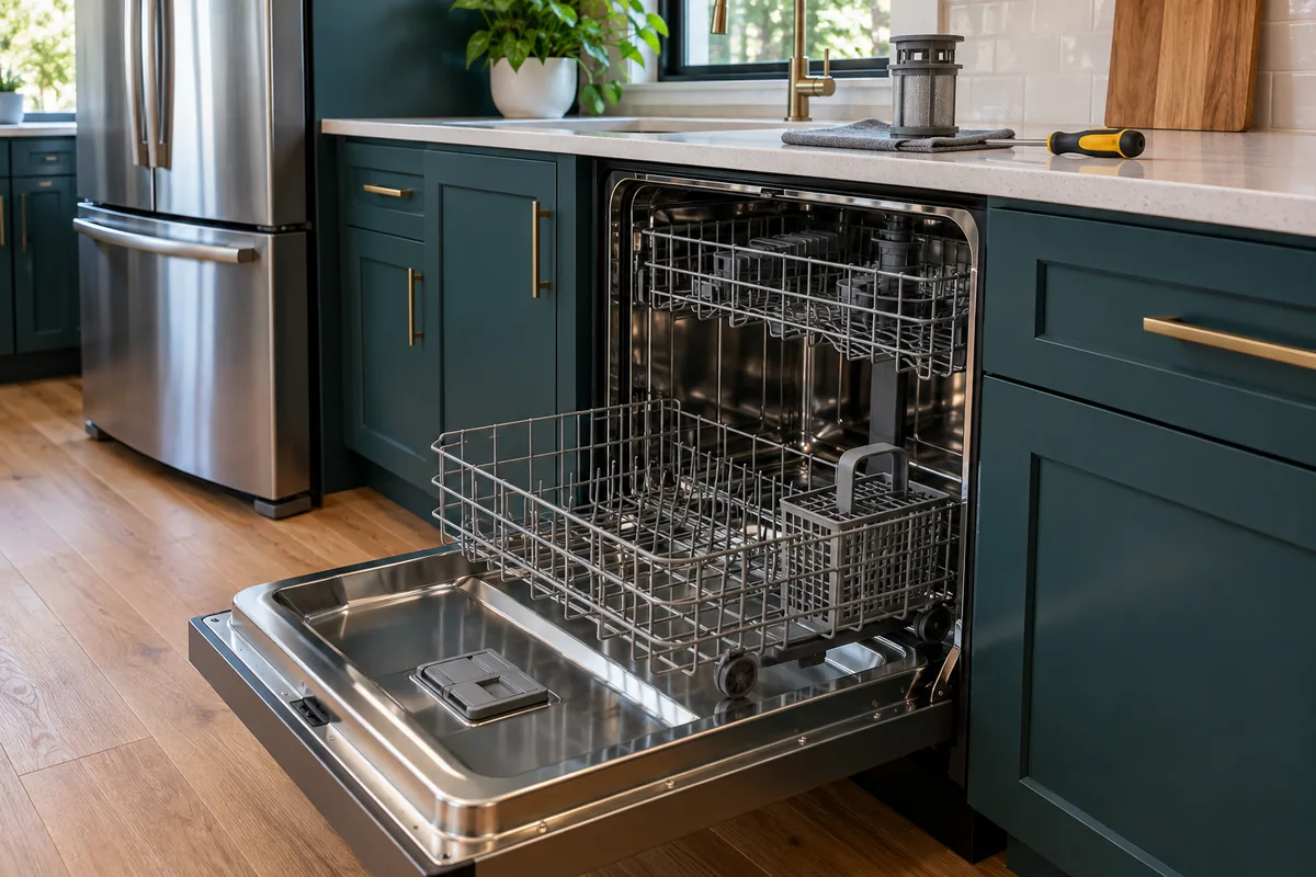 Open dishwasher with a removed filter prepared for servicing
