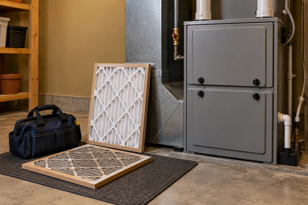Furnace with replacement air filters and a service tool bag