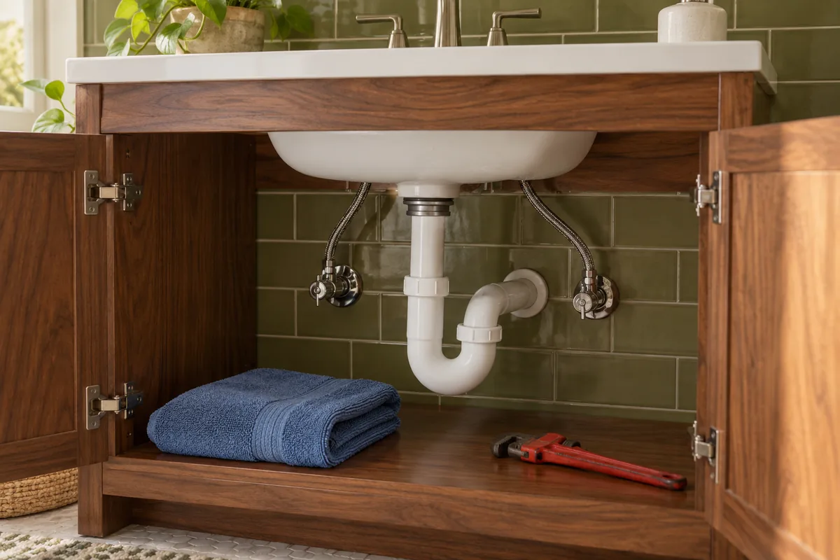 Sink drain trap and water supply connections inside an open vanity