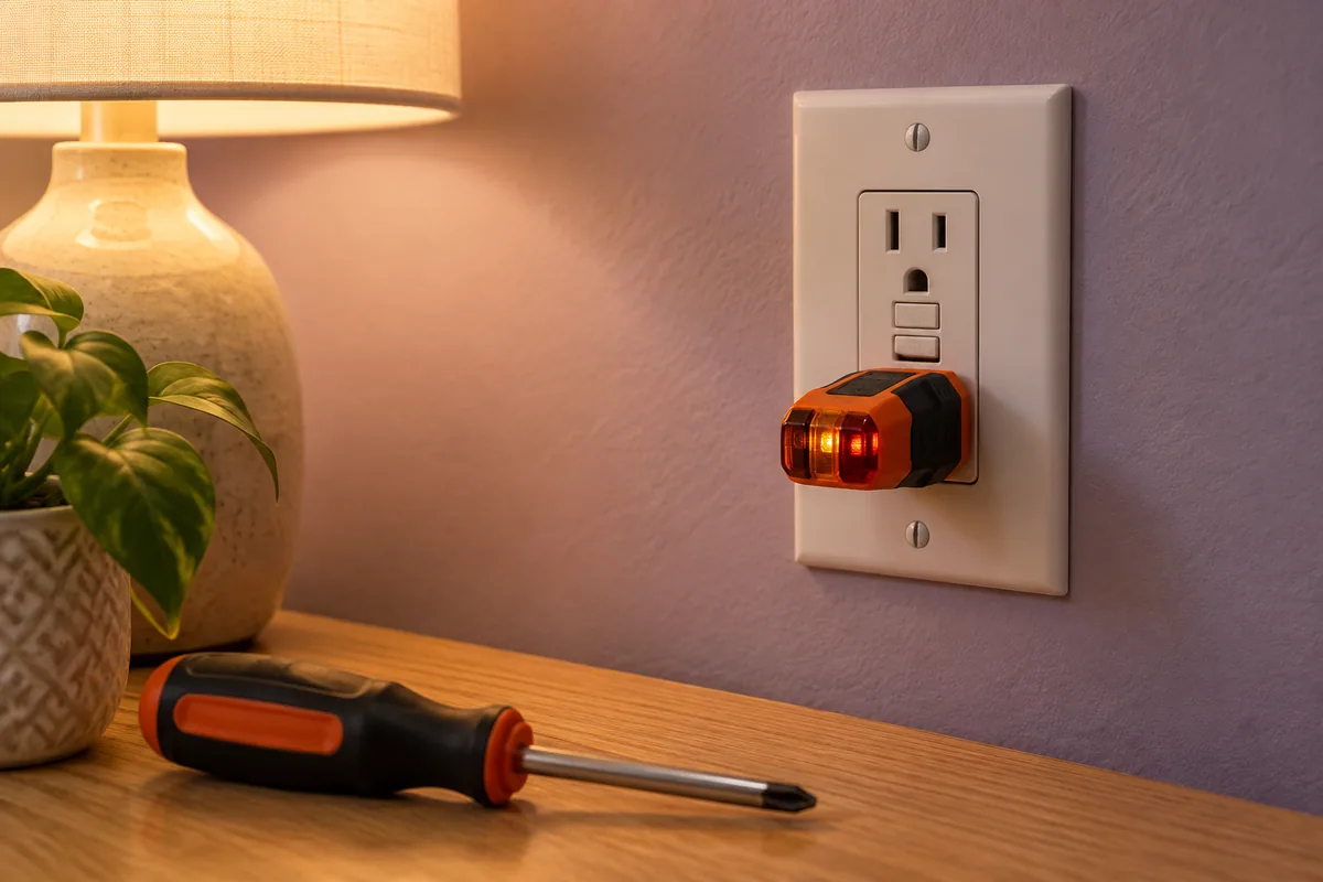 Outlet tester plugged into a residential GFCI receptacle