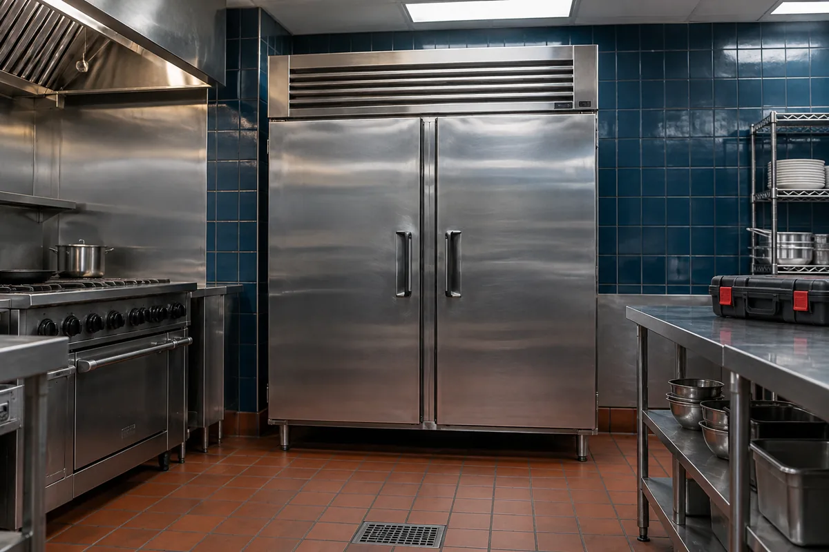 Commercial refrigerator and service case in a restaurant kitchen