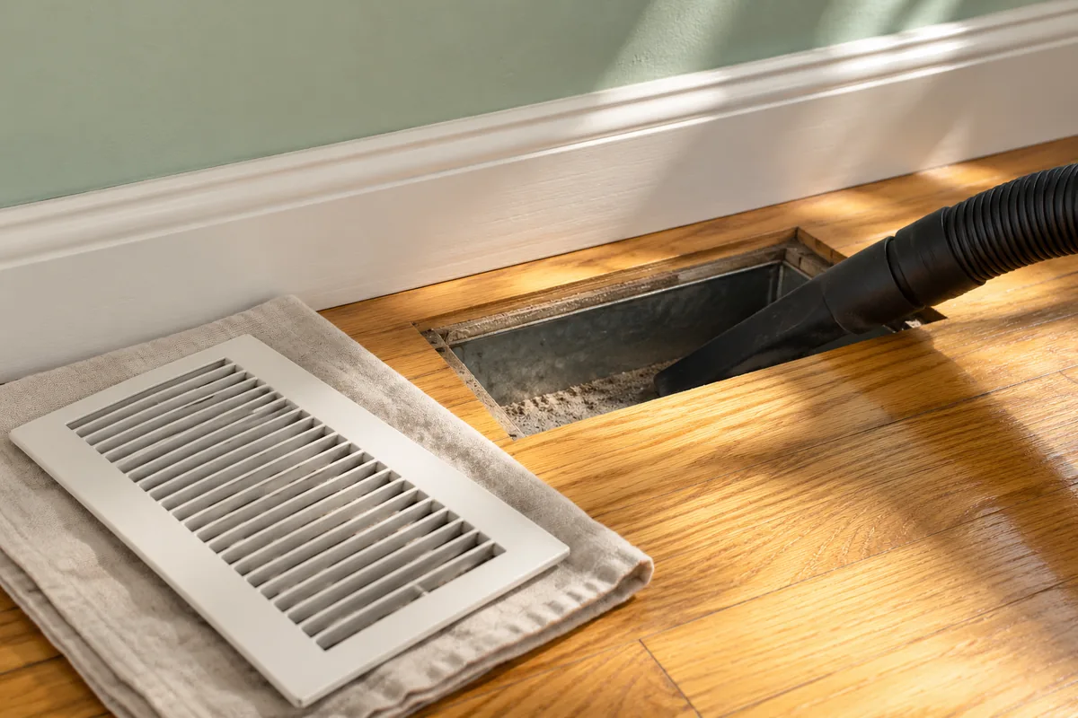 Vacuum nozzle in a floor duct opening beside a removed register