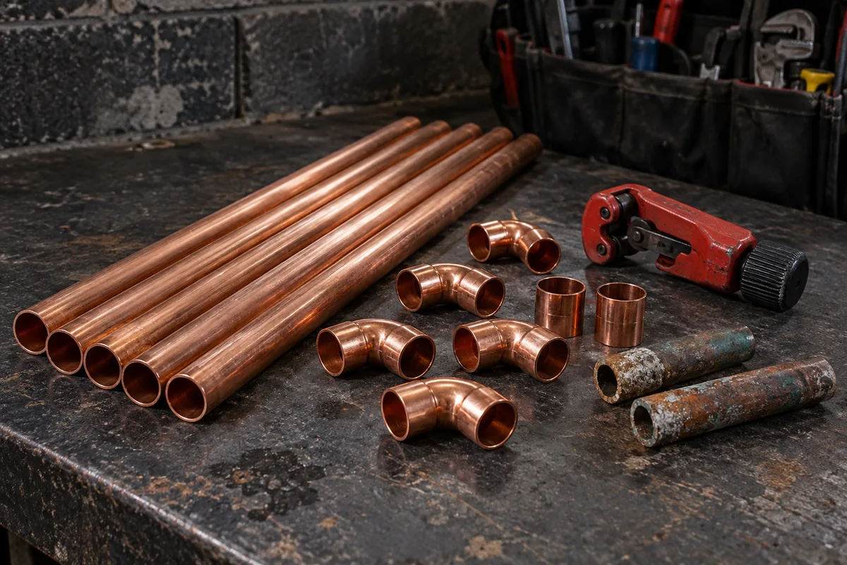 New copper pipes and fittings beside removed pipe sections