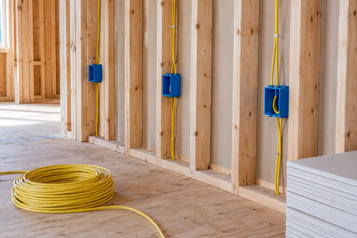Electrical cable and outlet boxes in an unfinished stud wall