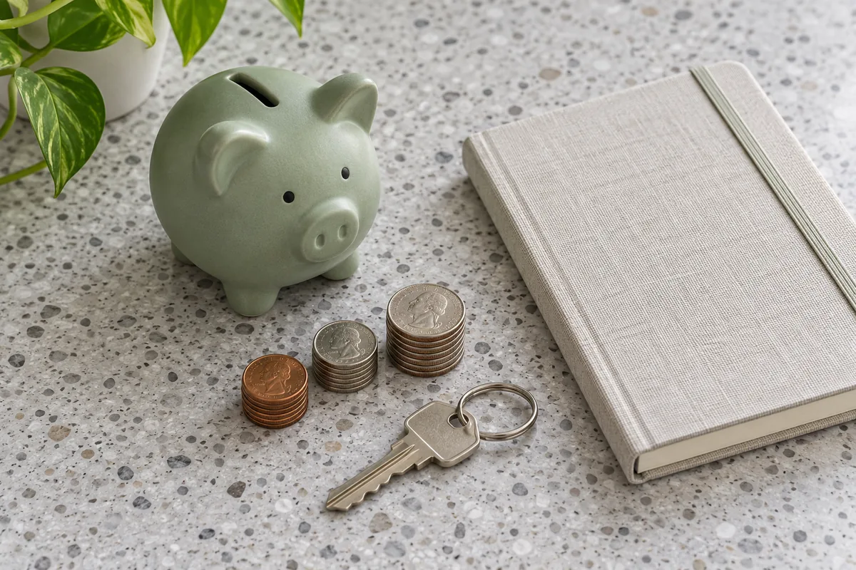 Piggy bank, coins and a house key for home improvement budgeting