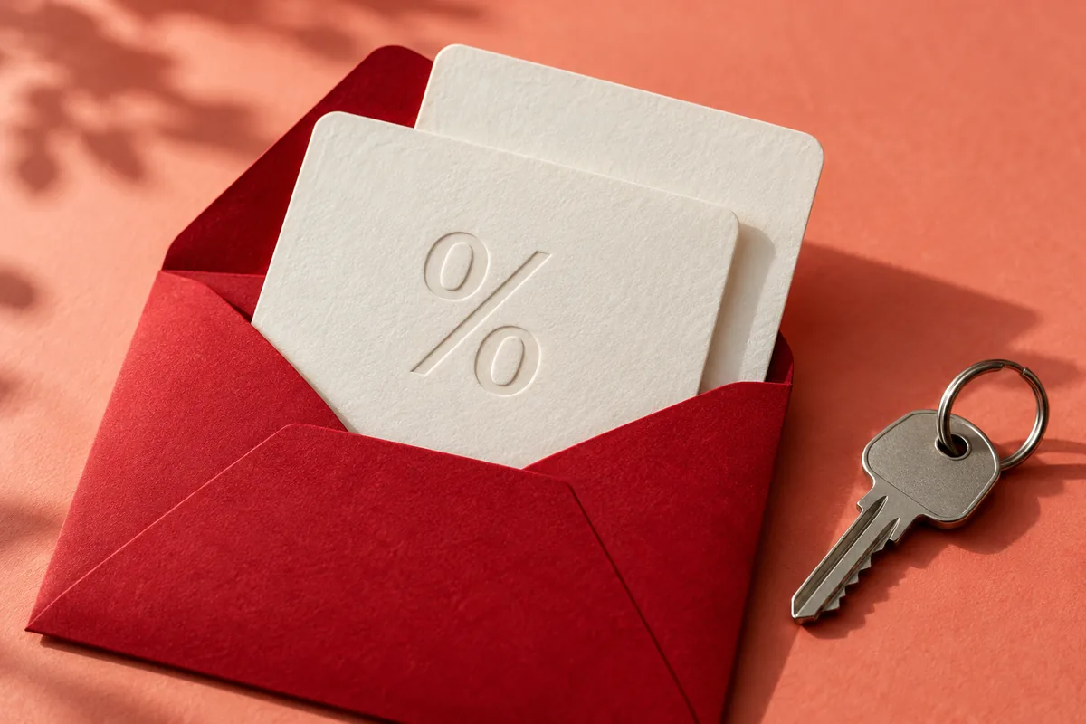 Paper discount vouchers and a house key beside a red envelope
