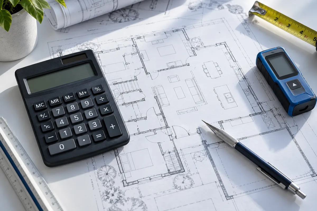 Calculator and measuring tools on a residential floor plan