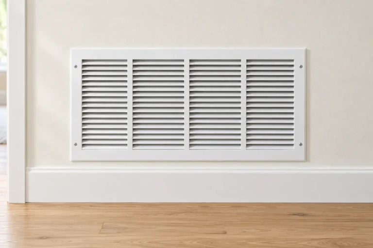 White ventilation grille installed above a baseboard
