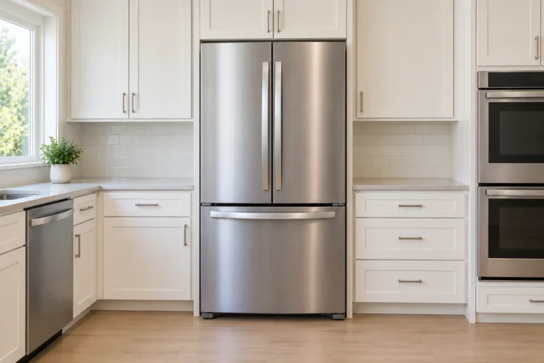 Stainless steel refrigerator in a bright kitchen