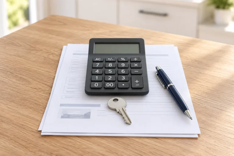 Calculator and house key on home project paperwork