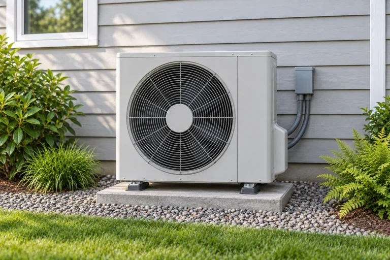 Outdoor heat pump beside a house