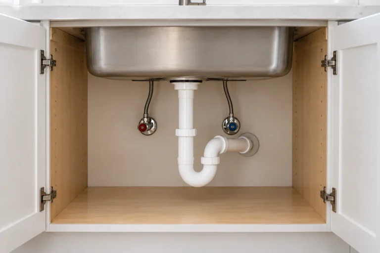 Sink drain and white P-trap inside an open cabinet