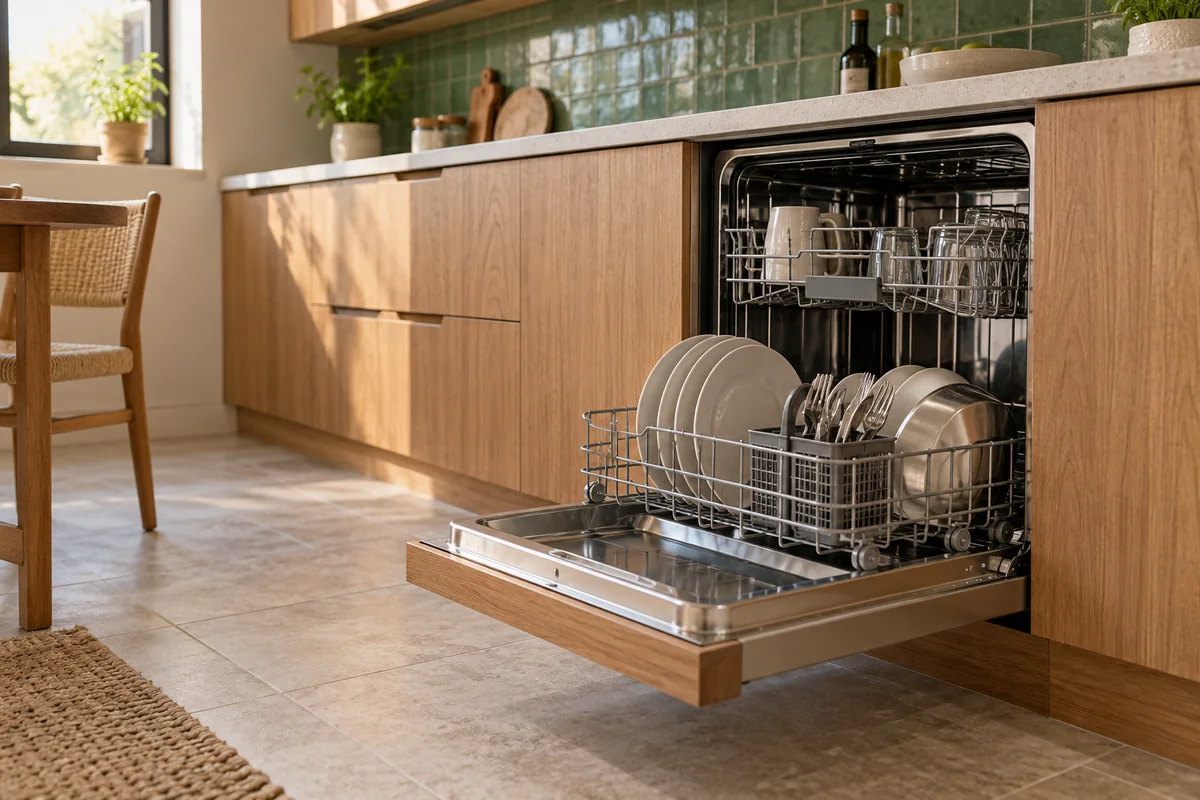 Illustration of an integrated dishwasher with a wood front, an open door and a pulled-out lower rack.