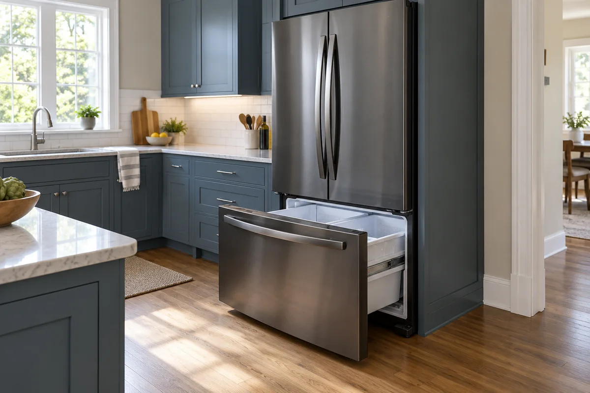 Illustration of a dark stainless French-door refrigerator with its bottom freezer drawer open.